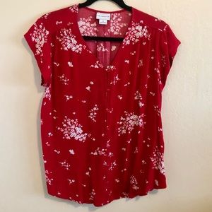 LIZ CLAIBORNE Blouse Red/White Floral Short Sleeve Size Medium